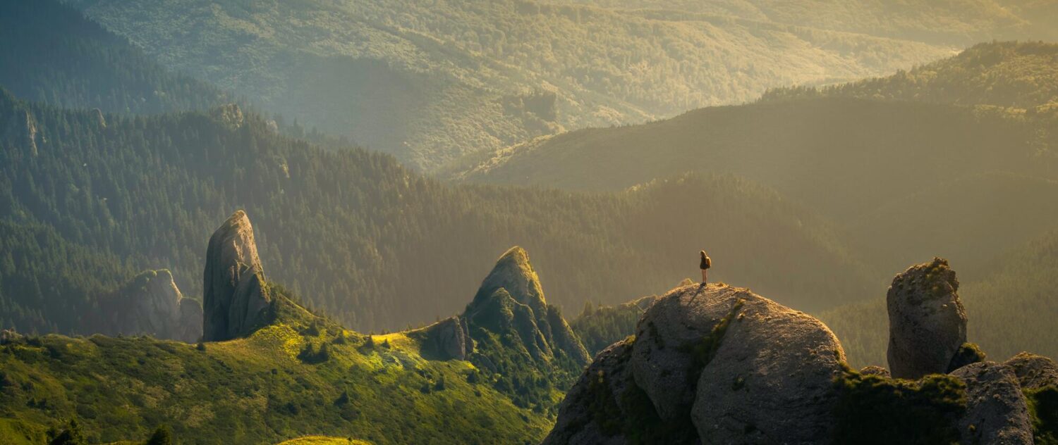 person standing on a rock with green mountains behind