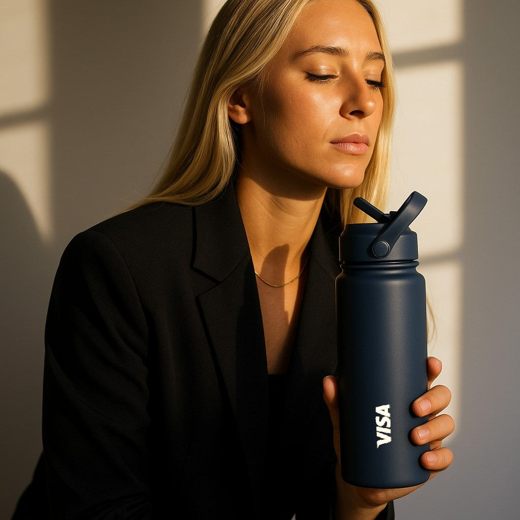 Lady holding a dark blue 550ml 18 oz custom stainless steel water bottle with straw lid and company logo – Just Bottle Pioneer with Visa logo