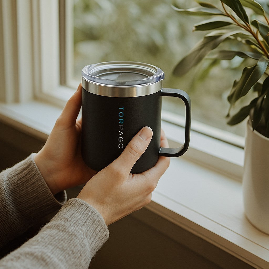 Person holding a black branded travel mug by a window with plants.