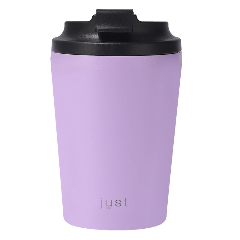 purple coffee mug with company logo