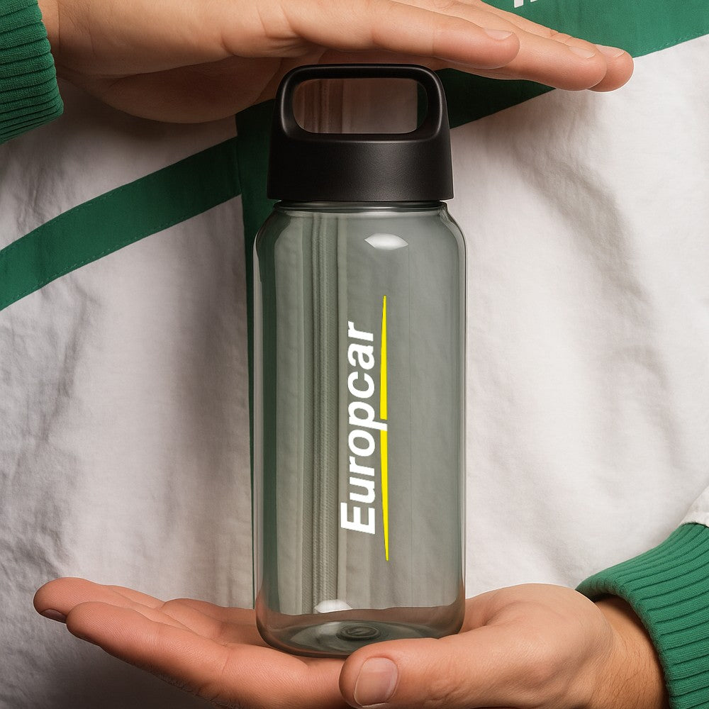 Person holding a recycled plastic water bottle with Europcar custom branding