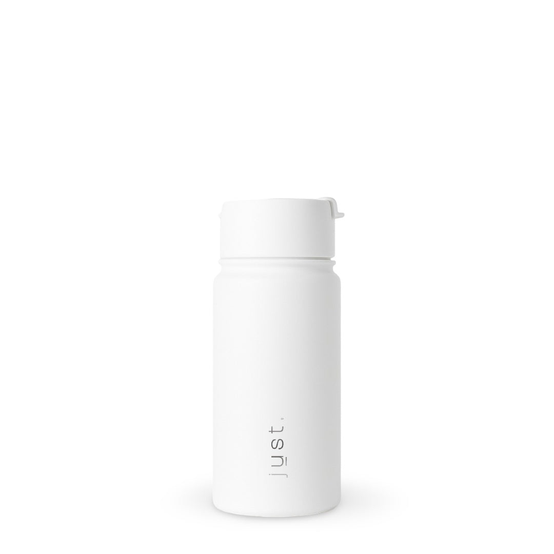 Insulated travel coffee mug in white, front view