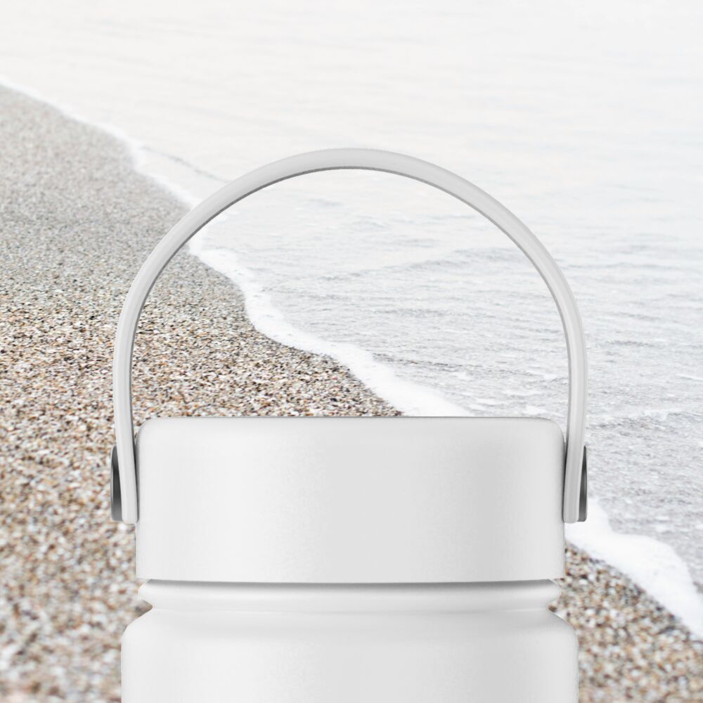 white thermal water bottle with handle
