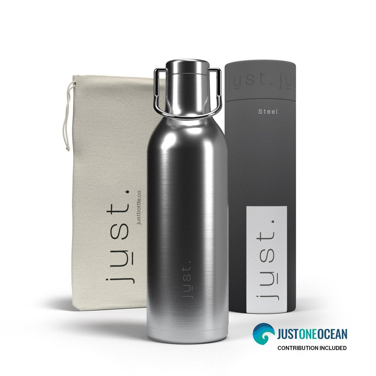 steel reusable bottle with cotton bag and grey gift tube