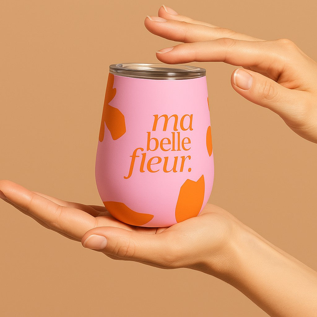 pink tumbler cup with wrap print business logo