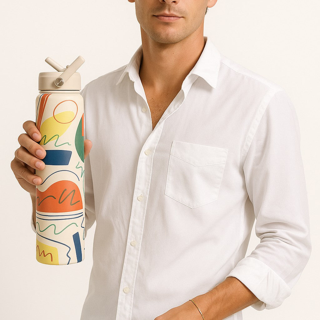 man holding a business logo water bottle with wrap printing