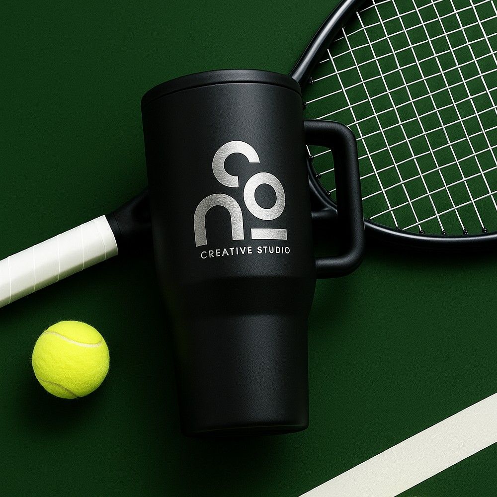Black tumbler with laser etched custom logo - Just Bottle Titan Tumbler