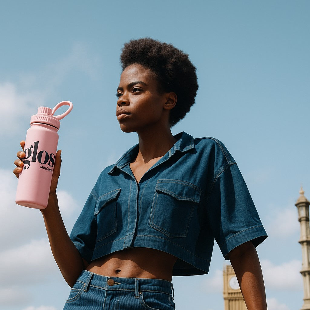 lady holding a pink company logo water bottle