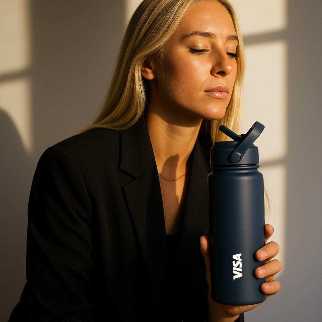dark blue company logo reusable water bottle with Visa logo