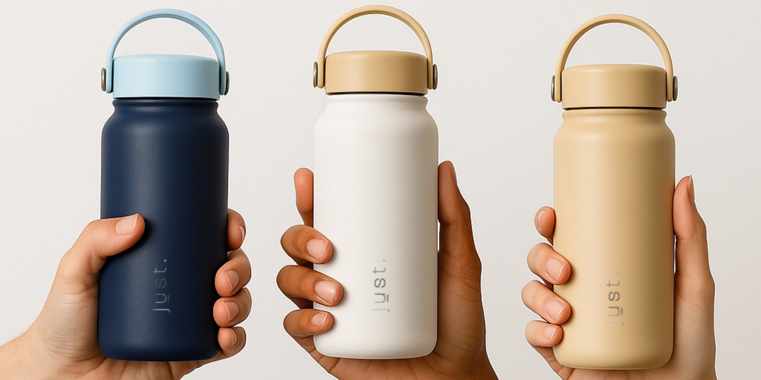 Three stainless steel water bottles held by hands, each with a different color and handle design.