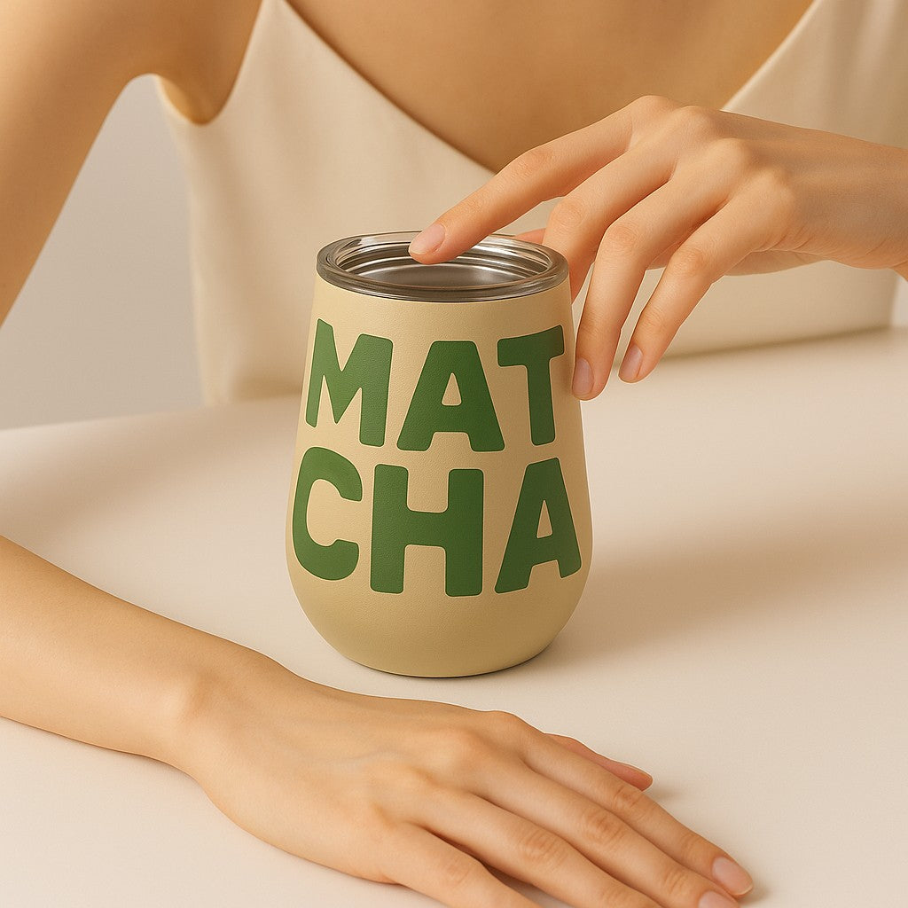 Beige tumbler cup with 'MATCHA' logo held by a hand on a beige background